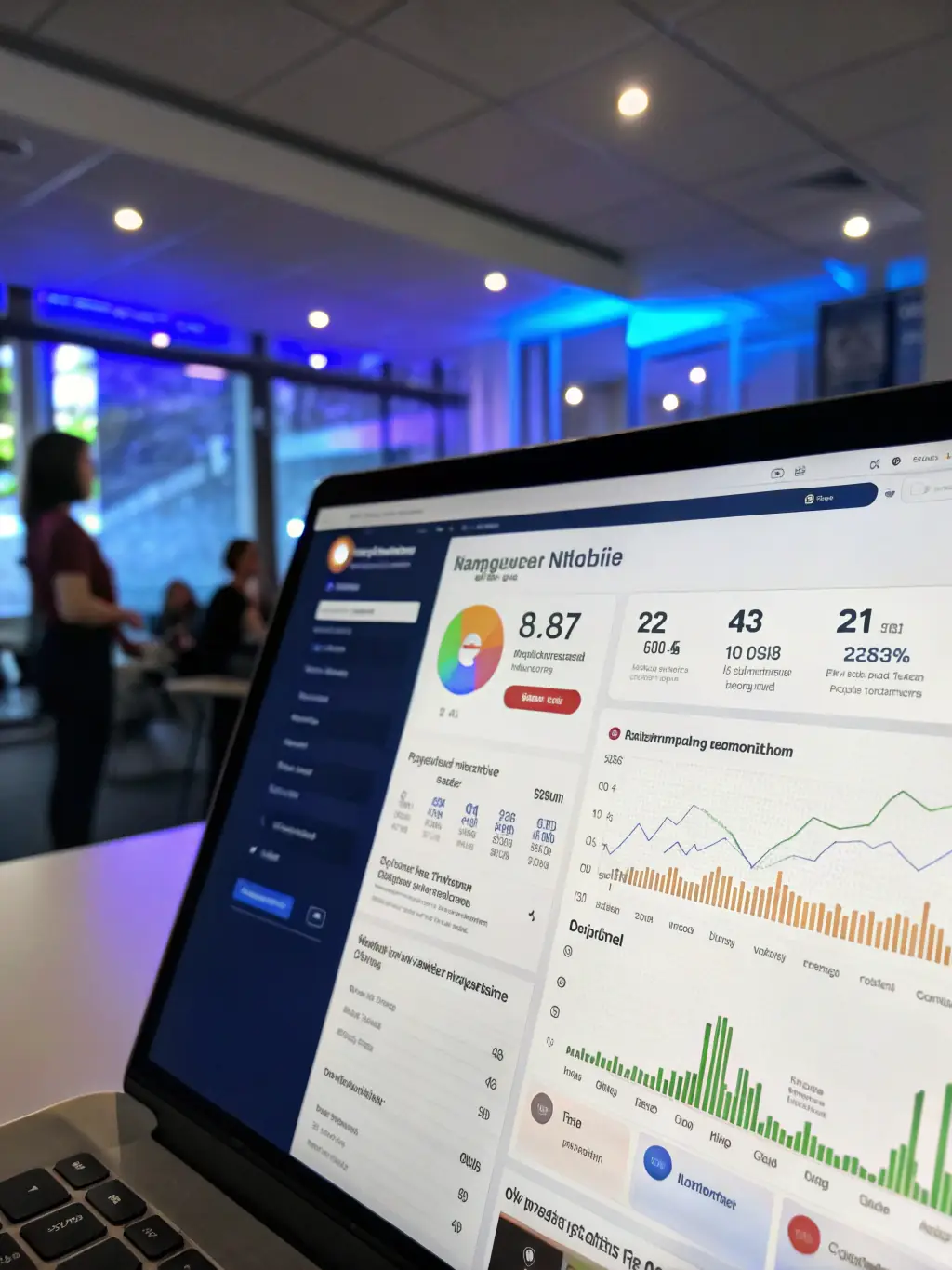 A social media dashboard showing scheduled posts, analytics, and engagement metrics.