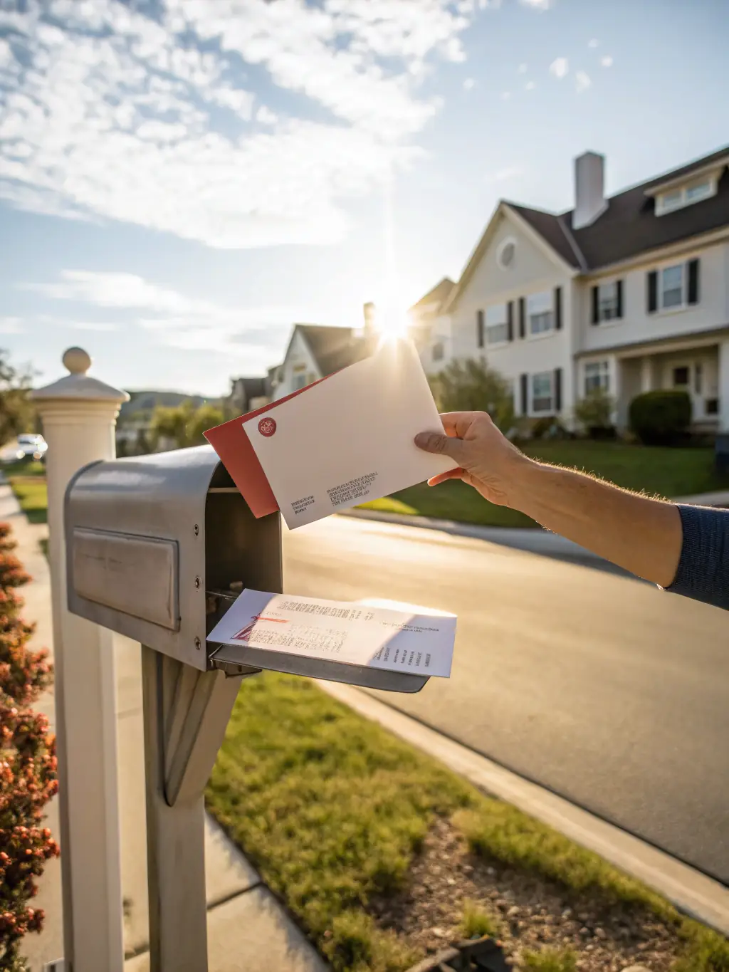 A colorful mailer being delivered to a residential mailbox.